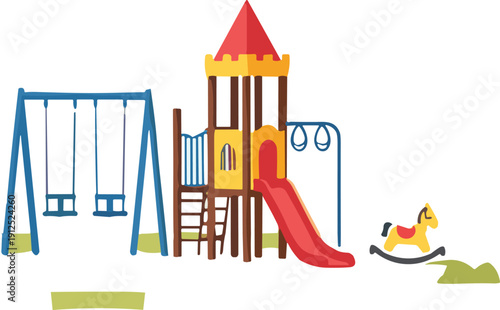 Children playground playset vector illustration with swing slide tower and rocking horse colorful outdoor park equipment
