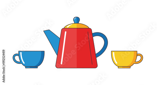 Stylized flat design illustration of a vibrant red teapot accompanied by one blue cup and one yellow teacup