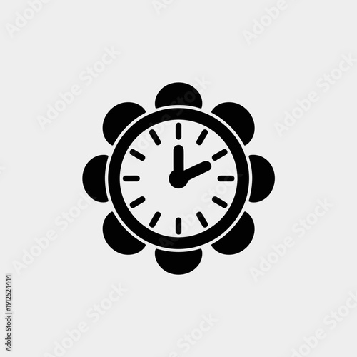 Black and white clock with petal-like shapes around it time petals