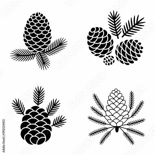 Black and white detailed of four pine cones with pine needles in varied compositions