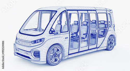 Modern futuristic autonomous passenger van interior view.