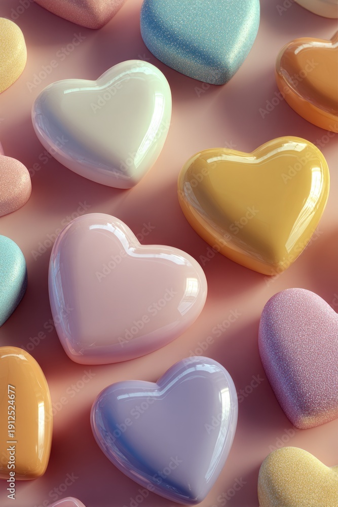 Fototapeta premium Glossy Minimalistic 3D Render of Colorful Heart Shapes on Soft Pink Background