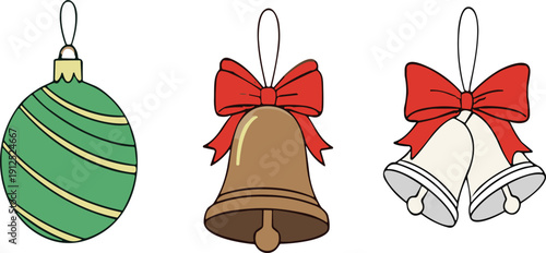 Christmas ornament and bells vector illustration set with festive holiday decorations ribbon bows isolated seasonal design elements