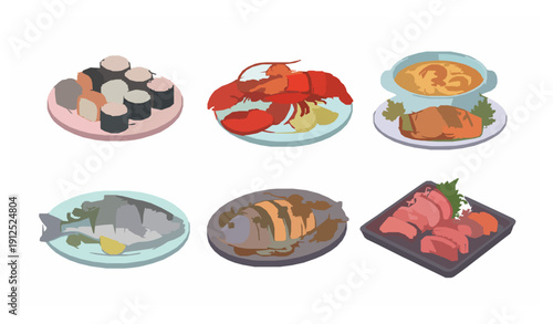 Cartoon seafood dishes vector set with sushi lobster salmon and shrimp soup isolated on white