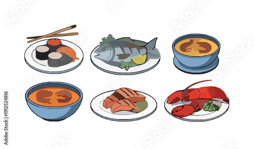 Festive seafood meal vector illustration with sushi baked fish and lobster in cartoon style