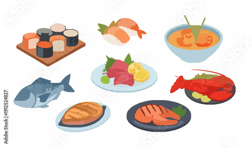 Cute cartoon seafood food collection with sushi shrimp soup and baked fish vector set