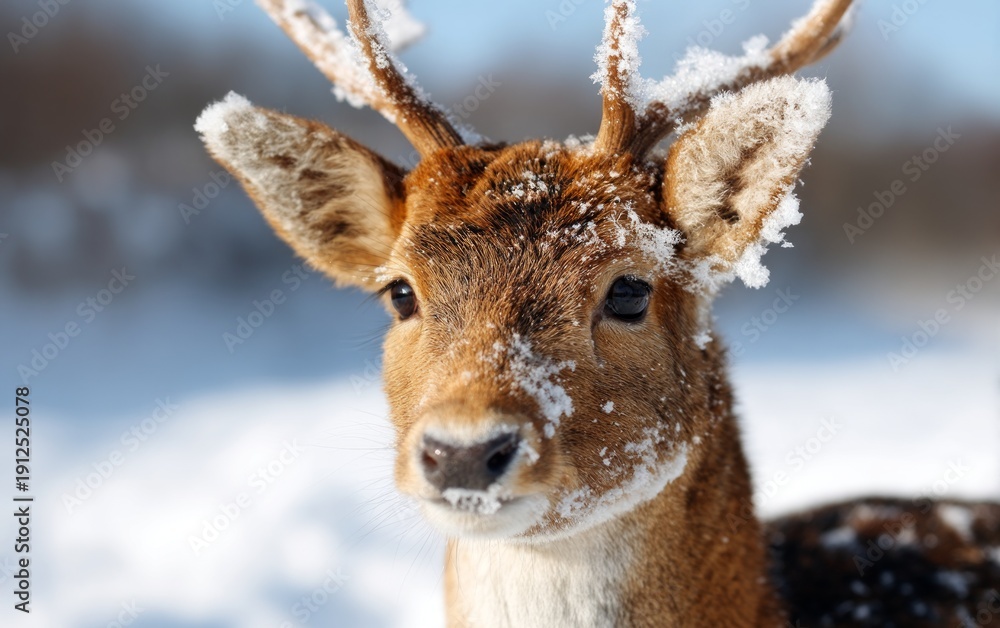 Fototapeta premium Majestic Deer with Snowflakes on Antlers in Snowy Winter Landscape