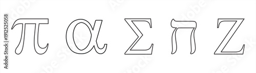 mathematical symbols Greek letter Zeta capital, alpha symbol, phi symbol, Sigma sign, Hebrew letter Het symbol with thin line isolated on white background