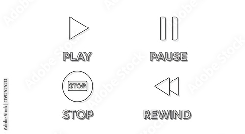 Media Player Controls Icons: Play, Pause, Stop, Rewind Buttons with Text