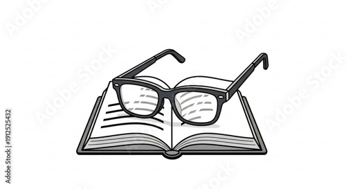 Black and White Illustration of Glasses on Open Book Isolated on White