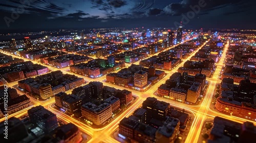 Aerial night view of city with street light trails