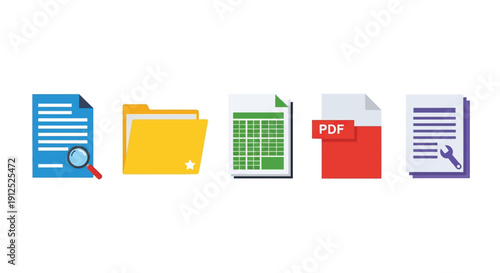 A collection of flat design icons representing various digital document types including search analysis folder spreadsheet pdf and maintenance files.
