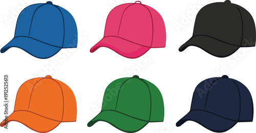 Colorful baseball cap collection set featuring modern casual headwear in multiple colors isolated vector illustration bundle
