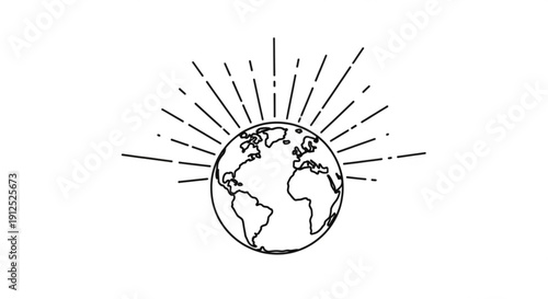 Earth Rising with Sun Rays, Global Sunrise, Isolated on White and Line Art