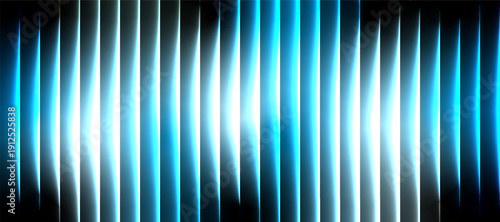 Cyan Blue Stripe Glass Effect Background with Bright Neon Glow on Black, Abstract Futuristic Transparent Wave Lines Vector