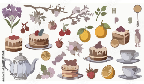 Whimsical Hello Spring Floral and Sweet Food Element Set Vector with Hand Drawn Teapots Fruits and Flowers