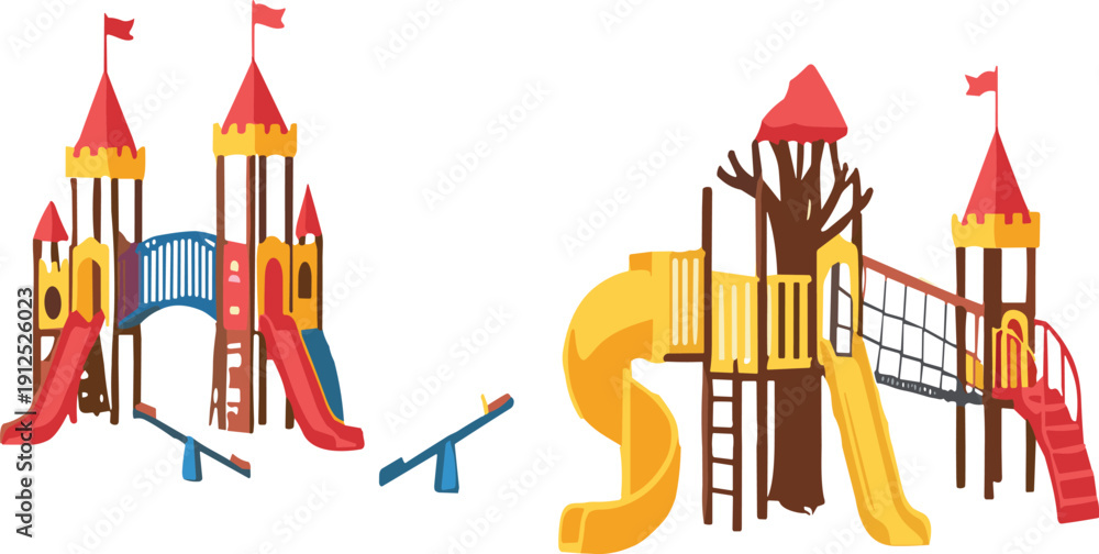 Fototapeta premium Colorful children playground equipment vector illustration set with slides swings towers and fun outdoor park structures