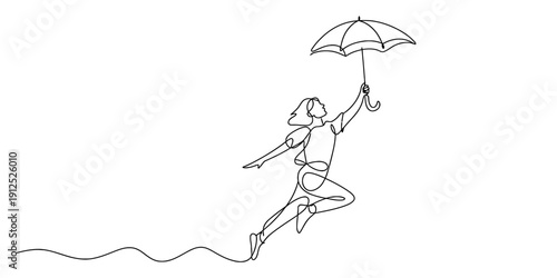 Continuous line drawing of a young girl floating in the air while holding an open umbrella Vector, illustration