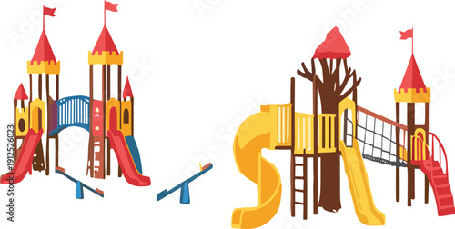 Colorful children playground equipment vector illustration set with slides swings towers and fun outdoor park structures