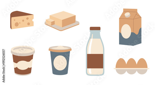 Dairy Products Collection Vector Illustration of Milk Bottle, Cheese, Butter, Yogurt, and Eggs on White Background
