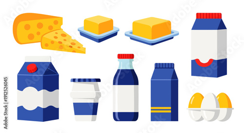 Dairy Products Collection with Milk Carton Cheese Butter and Eggs Flat Vector Illustration