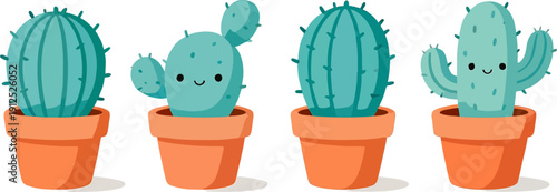 Cute Cartoon Cactus Characters in Pots, Kawaii Plant Illustration
