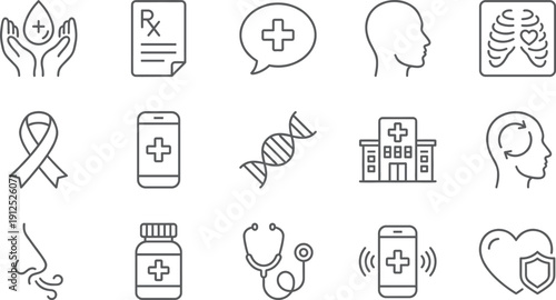 Medical and Healthcare Icon Set Featuring Line Art Symbols for Clinical Services Hospital Care Pharmacy DNA Research Patient Health Diagnostics and Professional Medical Technology Isolated