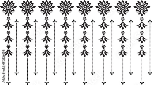 Black floral ornamental border with hanging mandala elements and decorative lace pattern on transparency