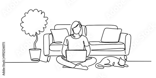 Continuous line drawing of a woman working on her laptop while sitting on the floor at home Vector, illustration