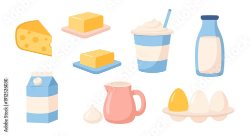 Dairy Products and Breakfast Ingredients Flat Vector Illustration Set