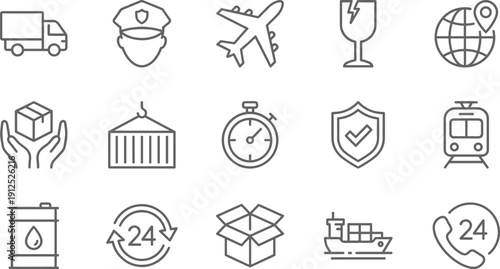 Logistics and Delivery Icon Set Featuring Line Art Symbols for Shipping Transportation Supply Chain Global Distribution Freight Warehouse and Professional Cargo Services Isolated on White