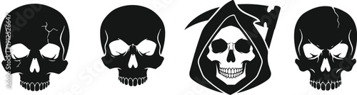 Stylized skull silhouette vector set, grim reaper design in black and white art
