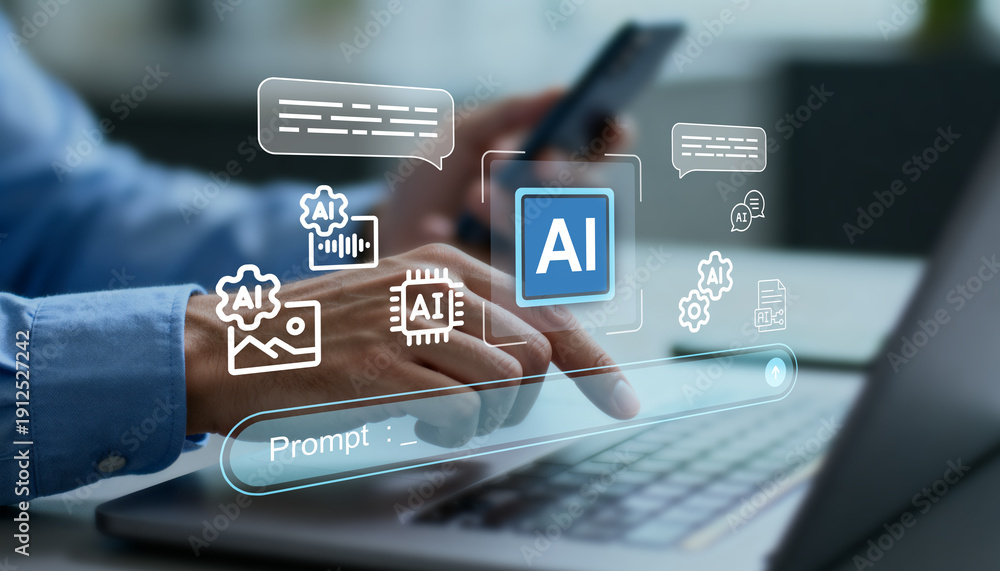 Naklejka premium Man typing command in AI prompt bar on laptop. Multimodal artificial intelligence interface for generating image, code, audio, and text content.