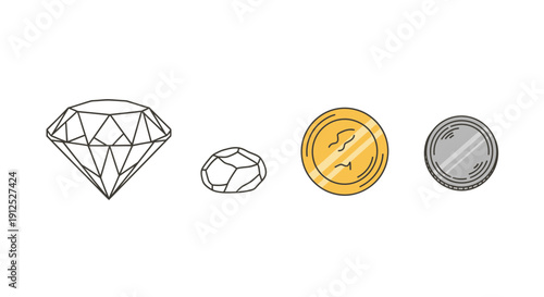 Diamond, Gemstone, Gold Coin, Silver Coin Icons: Value, Wealth, Investment, Luxury