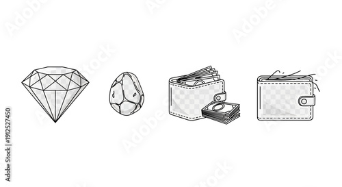 Diamond, Gemstone, Wallet with Money, Empty Wallet Icons Set