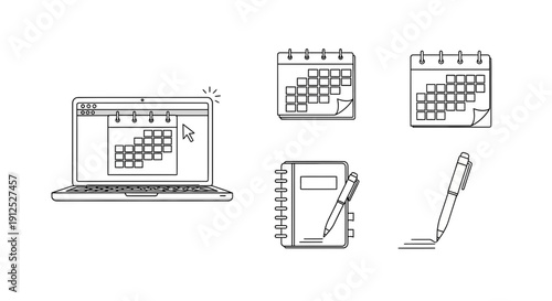 Digital Calendar Planning on Laptop with Notebook and Pen Icons