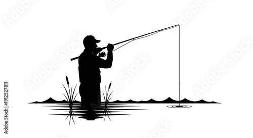 Silhouette of a man fishing in water with a fishing rod and reeds, black and white vector illustration.