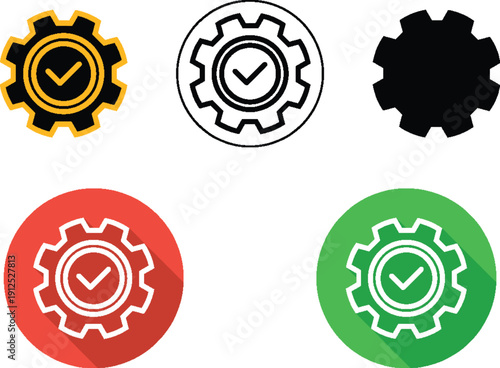 Verified Gear Icon Set With Check Mark Settings, Quality, Approval And System Configuration Symbols For UI