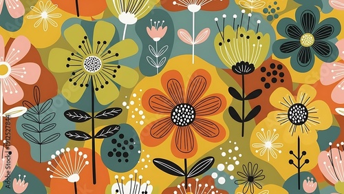 Colorful floral pattern illustration of abstract flowers and leaves design