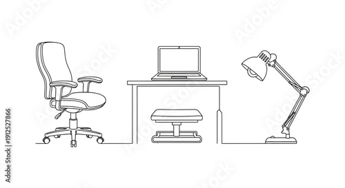 Minimalist Line Art: Desk, Chair, Laptop, and Lamp - Home Office Setup