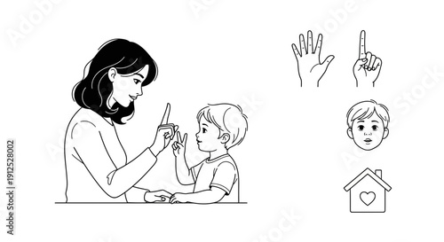Mother and child learning sign language, counting fingers, communication, education, family bonding