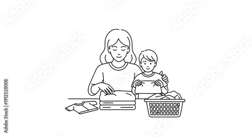 Mother and child folding laundry together, teaching responsibility and family bonding