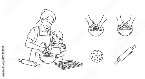 Mother and daughter baking cookies together, close-up hands kneading dough, rolling pin, and baking sheet.