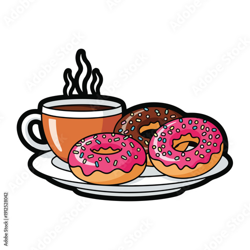 A steaming cup of coffee with donuts on a plate