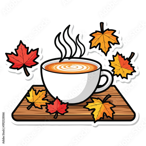 A steaming cup on wooden board with autumn leaves