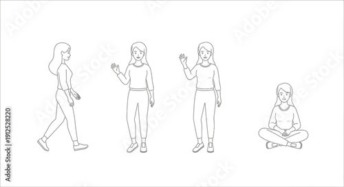 Woman in Different Poses: Walking, Waving, Sitting - Line Art Animation Frames