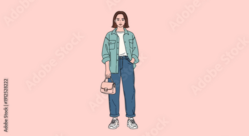 Woman in casual outfit with handbag, fashion illustration, pastel background