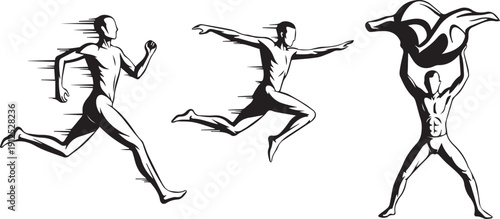Set of dynamic athletic illustrations featuring people running jumping and weightlifting with expressive motion lines in black and white