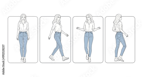 Woman in Jeans Poses: Front, Side, Back, and 3/4 Views