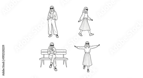 Woman in stylish outfit with sunglasses, multiple poses: standing, walking, sitting, arms outstretched